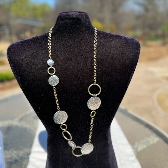 Chicos Necklace Long Chunky Boho Hinged Circle Hammered Silver Tone Gold Tone - Picture 3 of 3